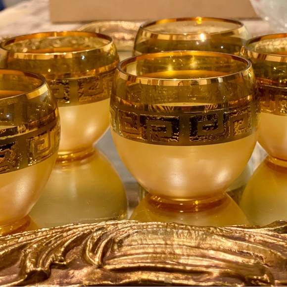 MCM Set of Six Frosted Amber With Gold Greek Key Accent Roly Poly Bar Glasses - Picture 3 of 6
